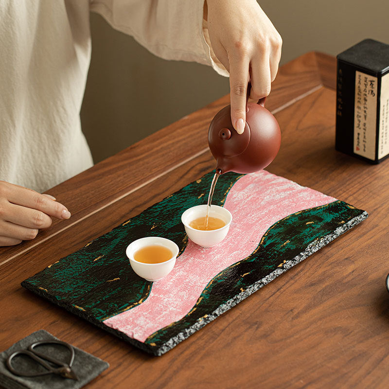 Neo-Chinese Natural Lacquer Emerald Peaks Pink Stream Dry-Brewing Tea Tray - 22cm Teaware