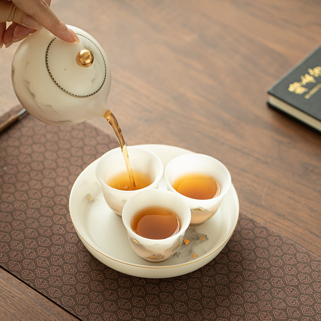 Luxury Dehua Mutton-Fat Jade Ice Biscuit 24K Gilded Mountain Pot Bearer Tray - 19cm Teaware