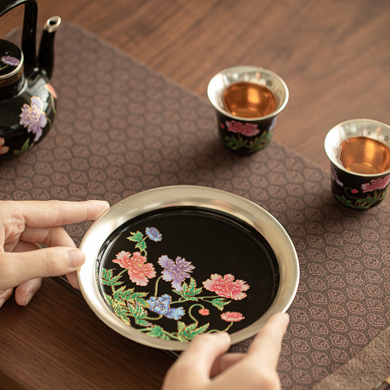 Authentic Jingdezhen Silver-Gilt Corn Poppy Pot Bearer Dry-Brewing Tray - 19cm Teaware Accessories