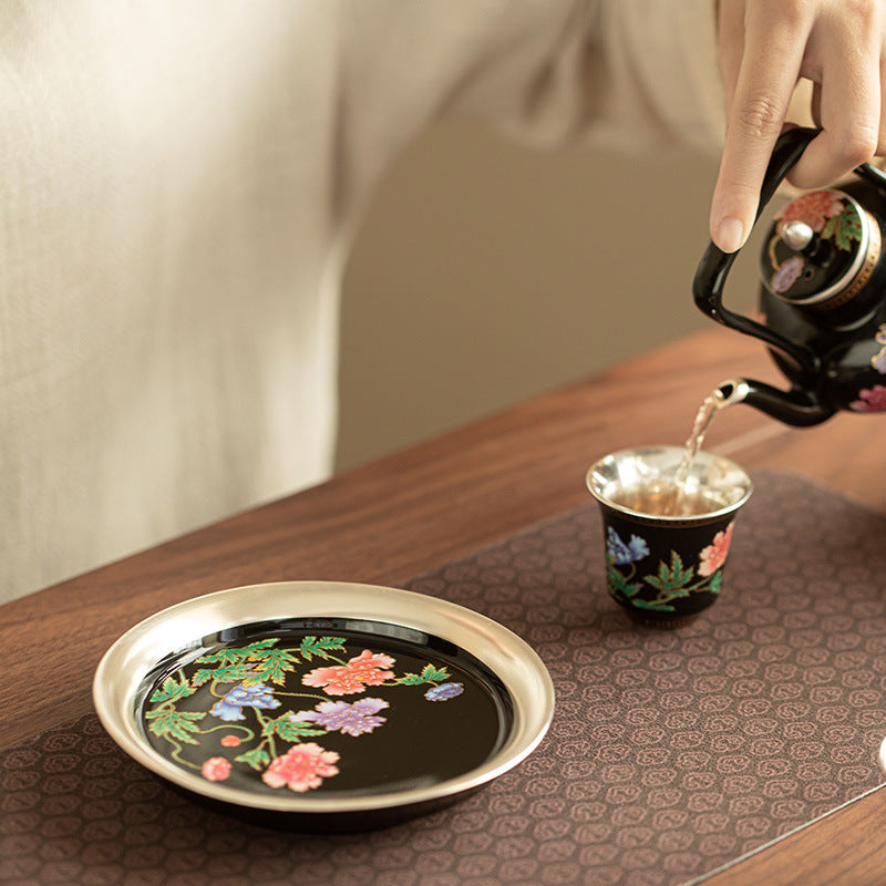 Authentic Jingdezhen Silver-Gilt Corn Poppy Pot Bearer Dry-Brewing Tray - 19cm Teaware Accessories
