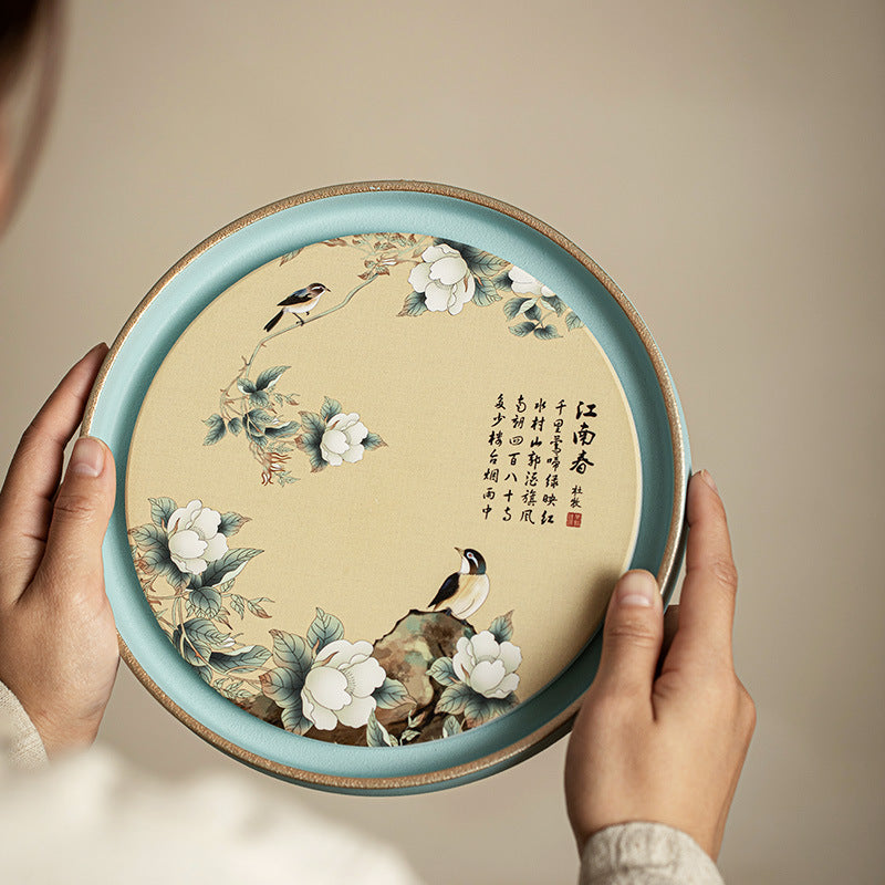 Authentic Chinese Flower & Bird Absorbent Ceramic Dry-Brewing Tea Tray - 20cm Teaware