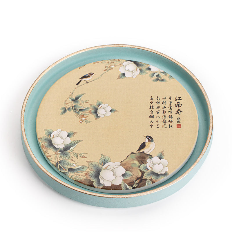 Authentic Chinese Flower & Bird Absorbent Ceramic Dry-Brewing Tea Tray - 20cm Teaware