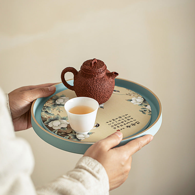 Authentic Chinese Flower & Bird Absorbent Ceramic Dry-Brewing Tea Tray - 20cm Teaware