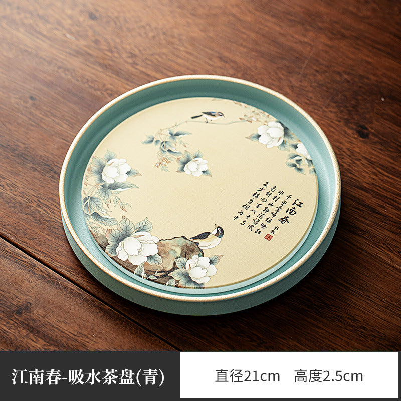 Authentic Chinese Flower & Bird Absorbent Ceramic Dry-Brewing Tea Tray - 20cm Teaware