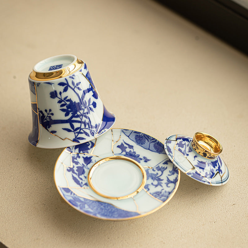 Authentic Blue & White 24K Gilded Horseshoe San Cai Gaiwan - 160ml Gift Box Suite