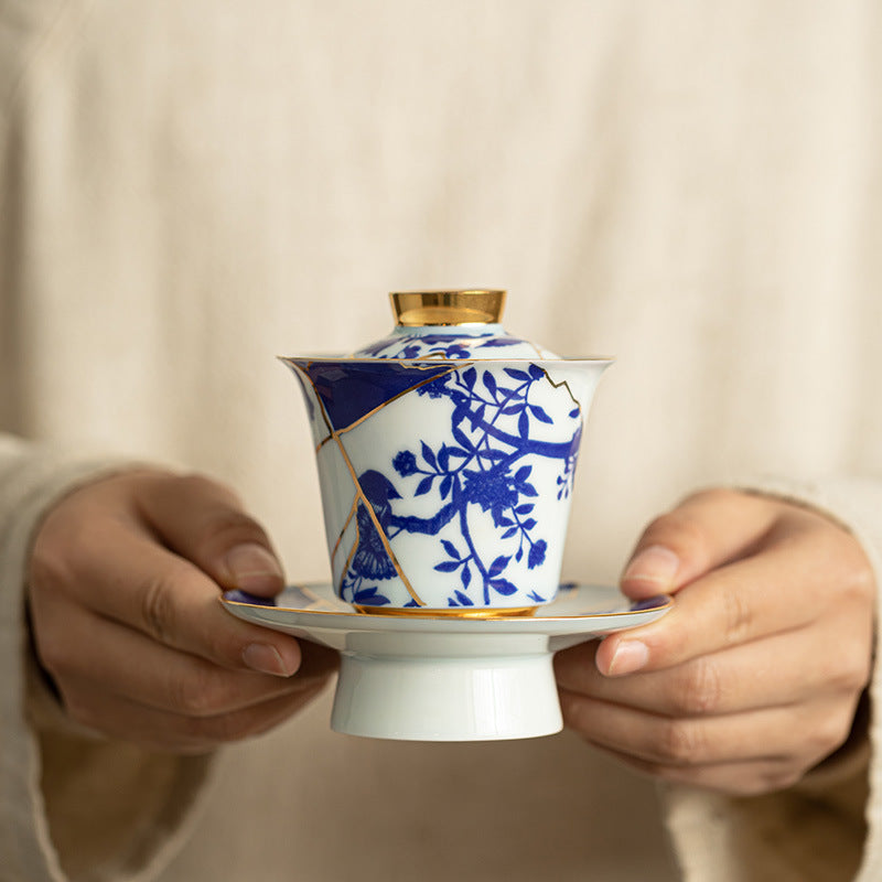 Authentic Blue & White 24K Gilded Horseshoe San Cai Gaiwan - 160ml Gift Box Suite