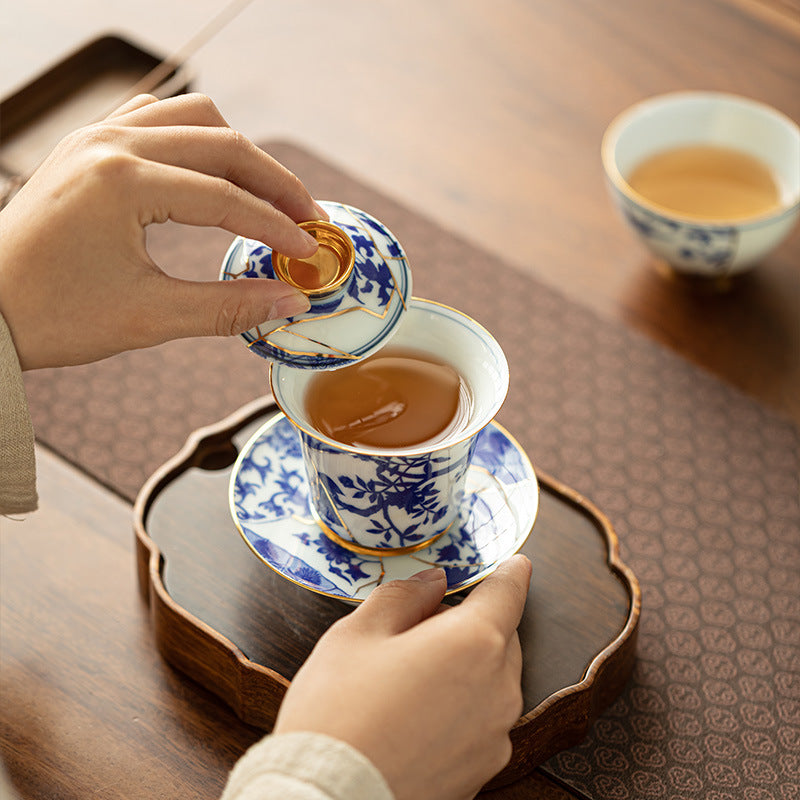 Authentic Blue & White 24K Gilded Horseshoe San Cai Gaiwan - 160ml Gift Box Suite