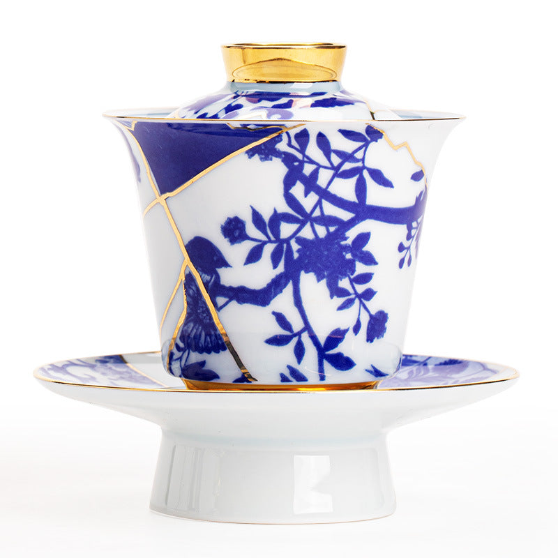 Authentic Blue & White 24K Gilded Horseshoe San Cai Gaiwan - 160ml Gift Box Suite