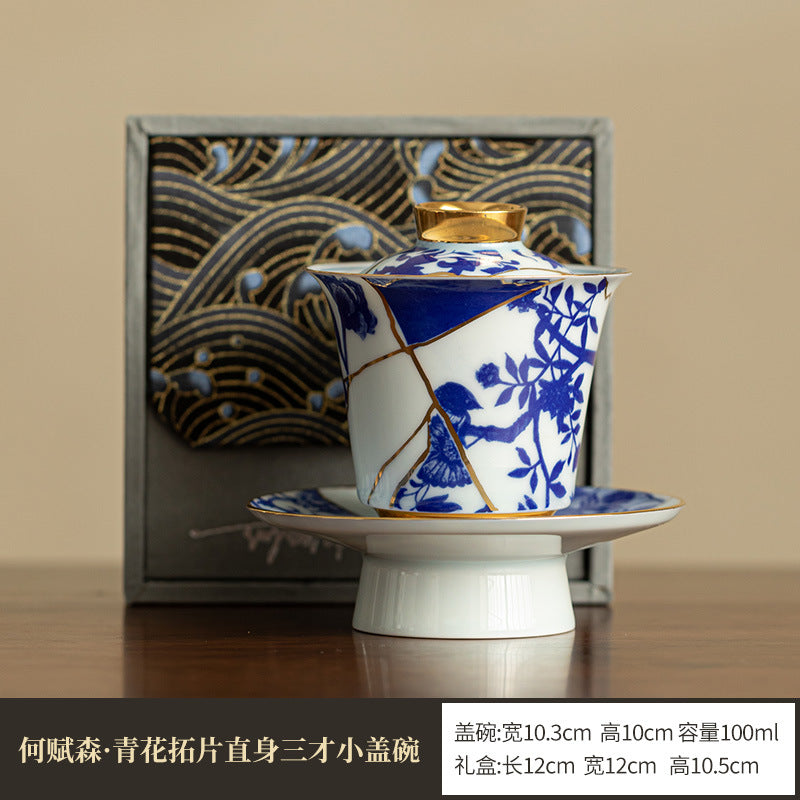 Authentic Blue & White 24K Gilded Horseshoe San Cai Gaiwan - 160ml Gift Box Suite