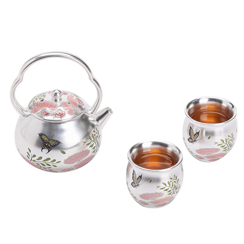 Authentic Silver-Gilt Overhead Beam-Handle Teapot & 2 Cups Set - Luxury Brocade Gift Box