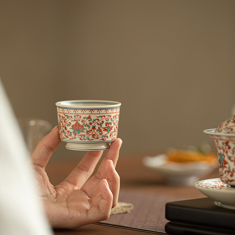 Authentic Jingdezhen Hand-Painted Polychrome Lotus Scroll High-Foot Master Tasting Cup - 70ml Gongfu Teacup