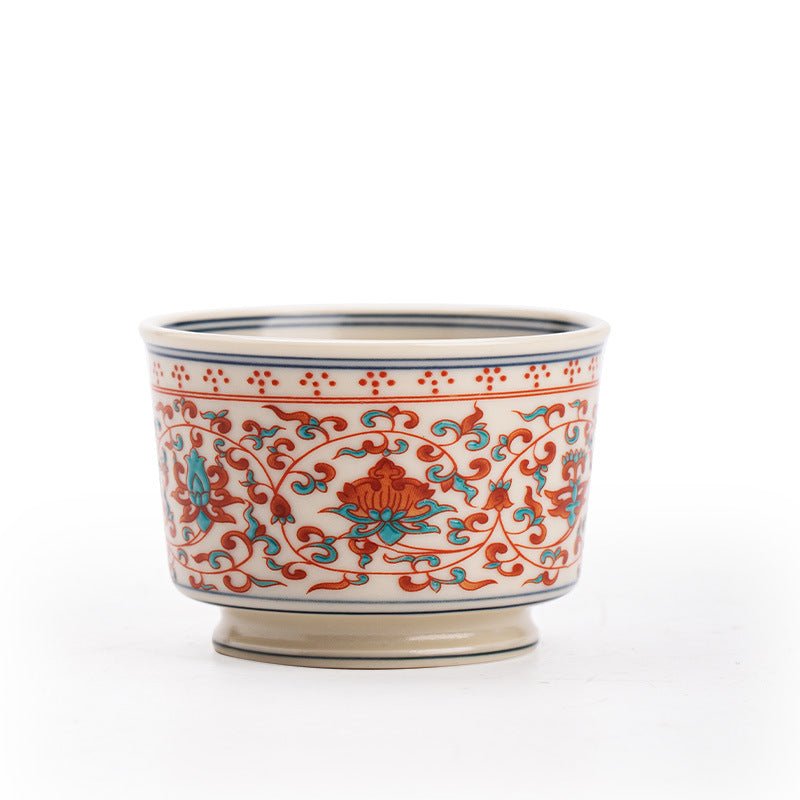 Authentic Jingdezhen Hand-Painted Polychrome Lotus Scroll High-Foot Master Tasting Cup - 70ml Gongfu Teacup