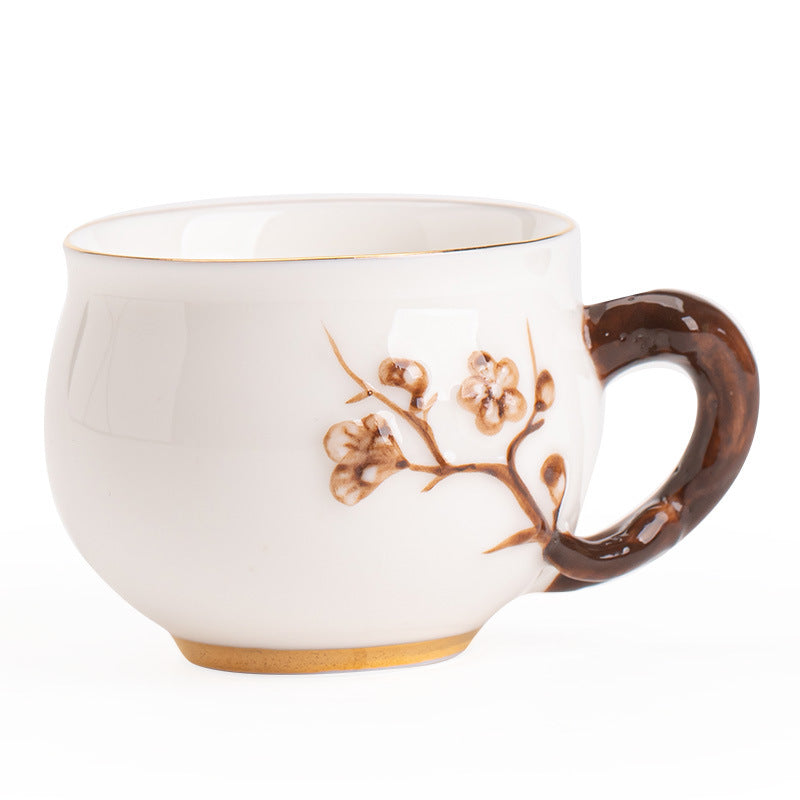 Handcrafted Dehua Mutton Fat Jade Porcelain Sculpted Floral Relief Master Tasting Cup - 90ml Gongfu Teacup
