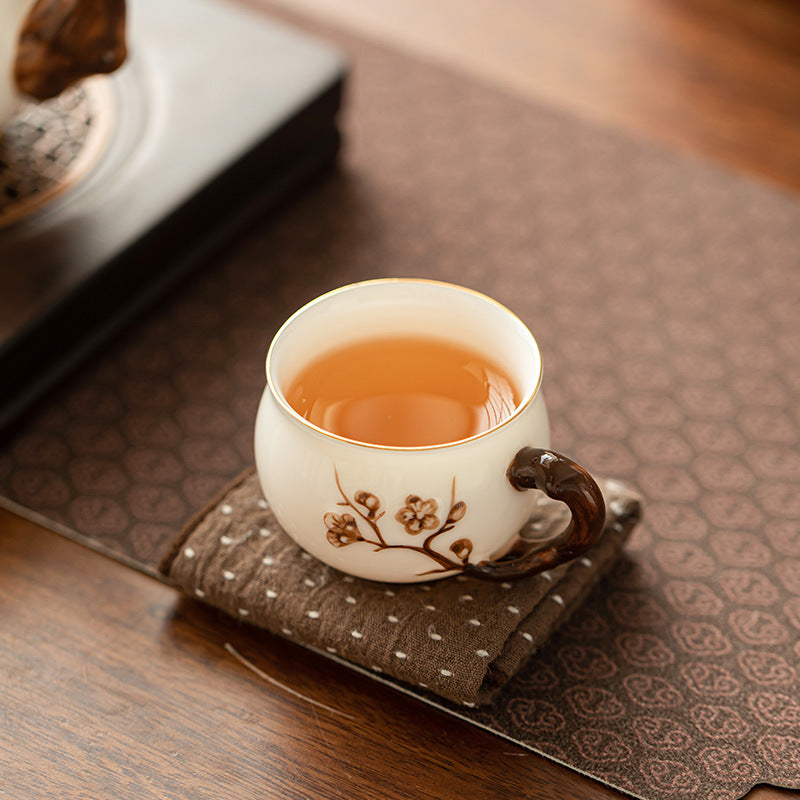 Handcrafted Dehua Mutton Fat Jade Porcelain Sculpted Floral Relief Master Tasting Cup - 90ml Gongfu Teacup