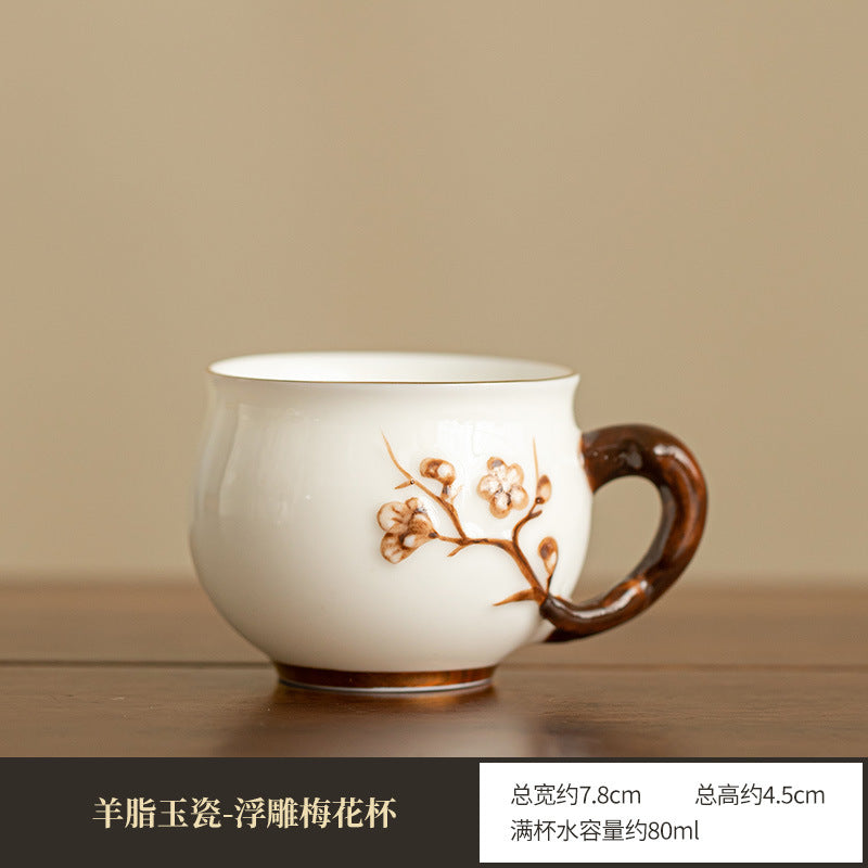 Handcrafted Dehua Mutton Fat Jade Porcelain Sculpted Floral Relief Master Tasting Cup - 90ml Gongfu Teacup
