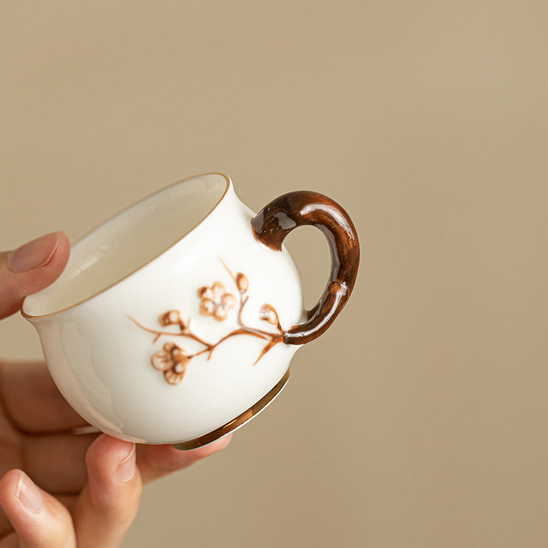 Handcrafted Dehua Mutton Fat Jade Porcelain Sculpted Floral Relief Master Tasting Cup - 90ml Gongfu Teacup