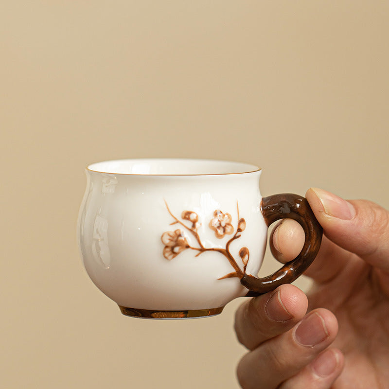 Handcrafted Dehua Mutton Fat Jade Porcelain Sculpted Floral Relief Master Tasting Cup - 90ml Gongfu Teacup