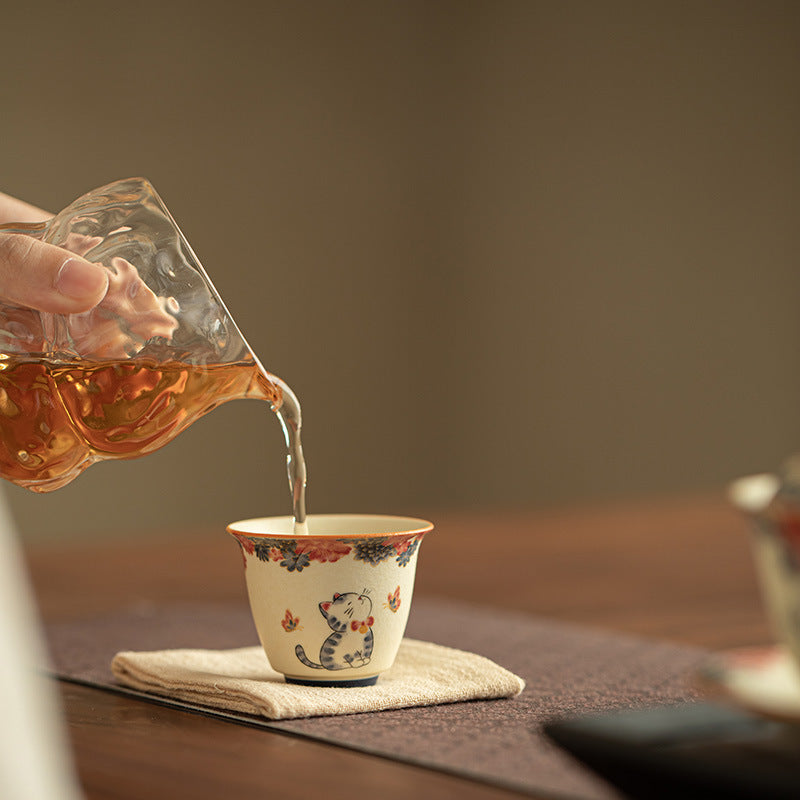 Authentic Jingdezhen Handcrafted Rock Mineral Porcelain 24K Gold-Gilded Playful Cat Master Tasting Cup - 80ml Gongfu Teacup