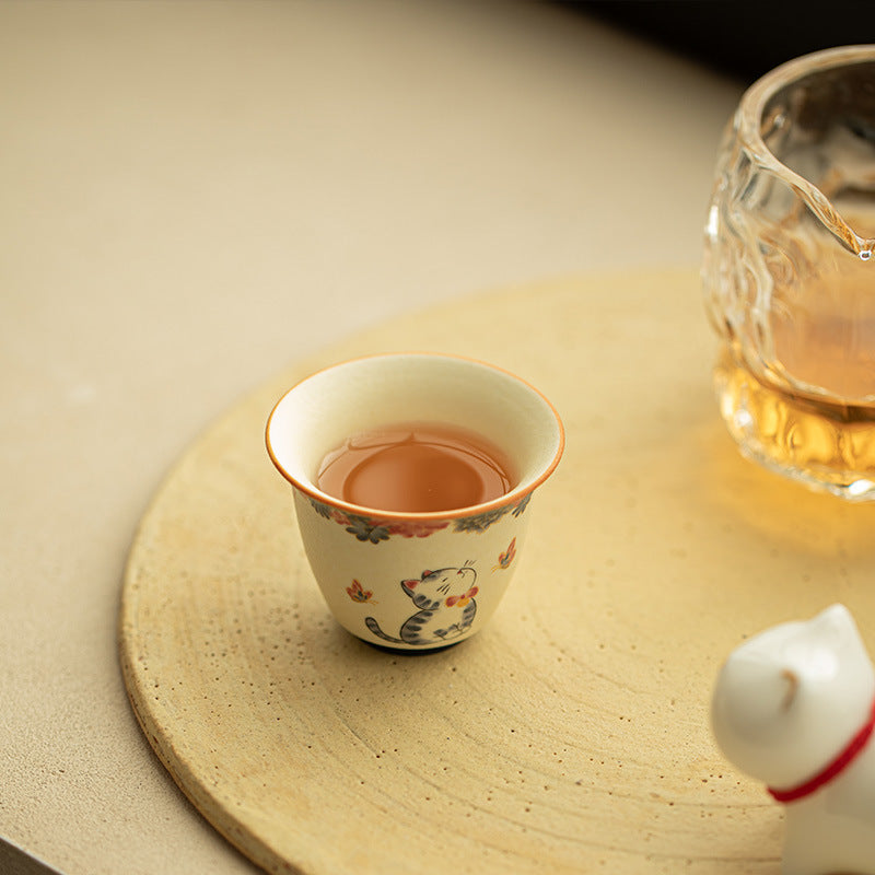 Authentic Jingdezhen Handcrafted Rock Mineral Porcelain 24K Gold-Gilded Playful Cat Master Tasting Cup - 80ml Gongfu Teacup