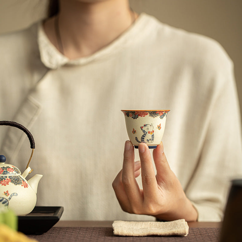 Authentic Jingdezhen Handcrafted Rock Mineral Porcelain 24K Gold-Gilded Playful Cat Master Tasting Cup - 80ml Gongfu Teacup