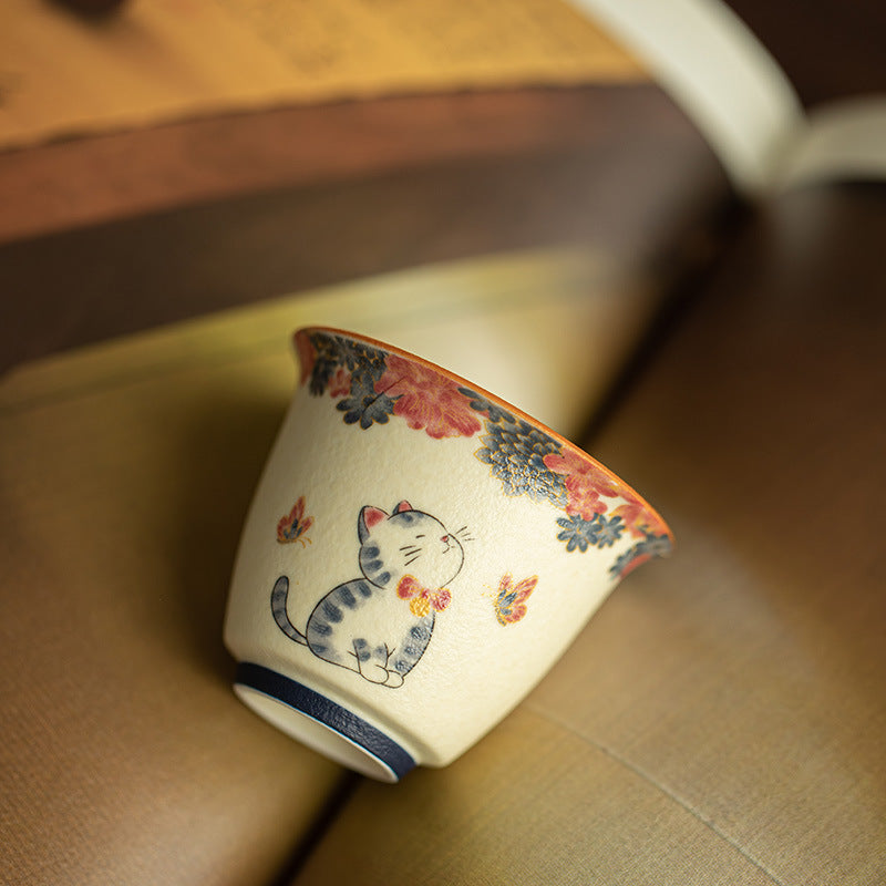 Authentic Jingdezhen Handcrafted Rock Mineral Porcelain 24K Gold-Gilded Playful Cat Master Tasting Cup - 80ml Gongfu Teacup