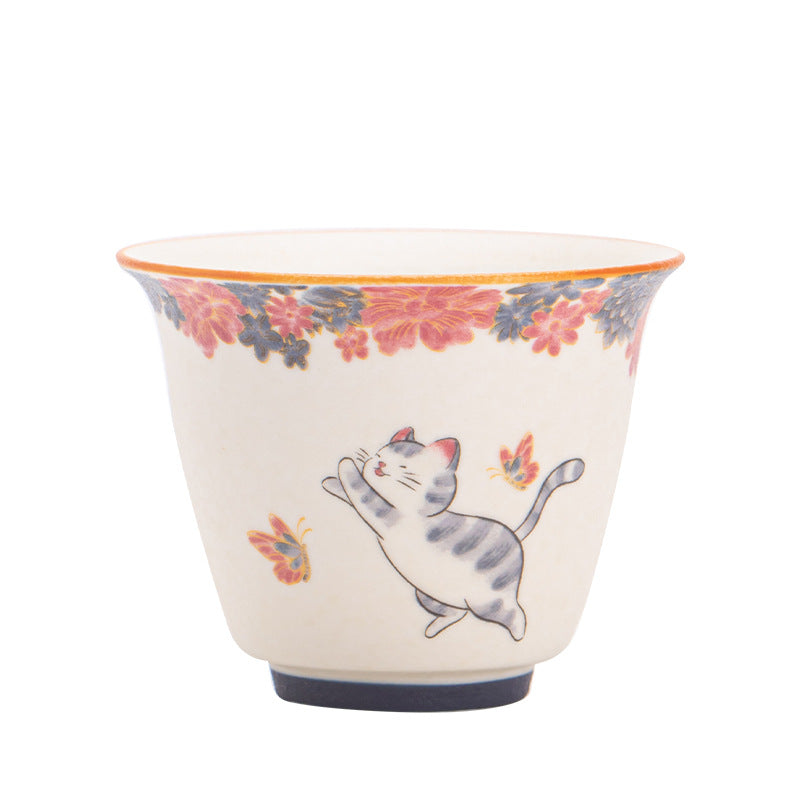 Authentic Jingdezhen Handcrafted Rock Mineral Porcelain 24K Gold-Gilded Playful Cat Master Tasting Cup - 80ml Gongfu Teacup