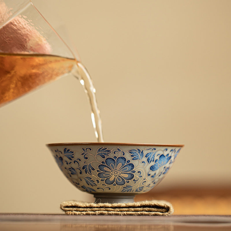 Authentic Jingdezhen Antique Blue & White Pure Silver-Inlaid Lotus Scroll Master Tasting Cup - 85ml Gongfu Teacup