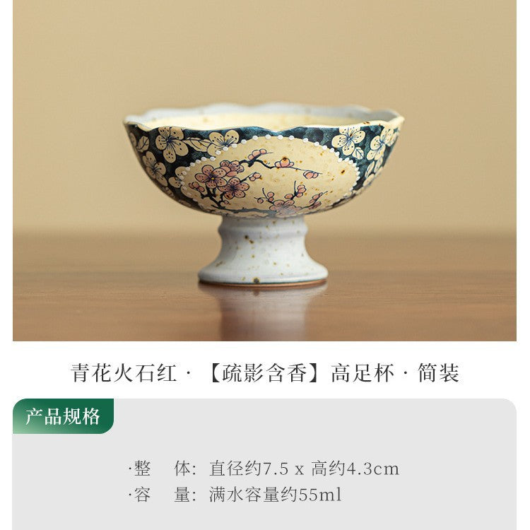Authentic Jingdezhen Flint Red Blue & White Plum Shadow High-Foot Master Tasting Cup - 75ml Gongfu Teacup