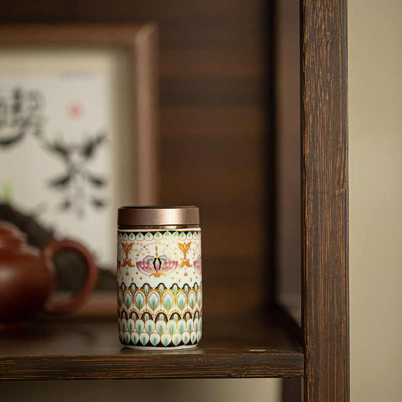Authentic Jingdezhen Antique Enamel Peacock Motif Portable Ceramic Tea Caddy - 80g Airtight Ceramic Tea Caddy Storage Jar