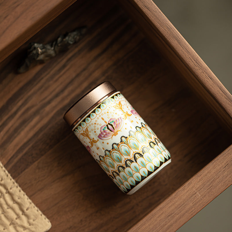 Authentic Jingdezhen Antique Enamel Peacock Motif Portable Ceramic Tea Caddy - 80g Airtight Ceramic Tea Caddy Storage Jar