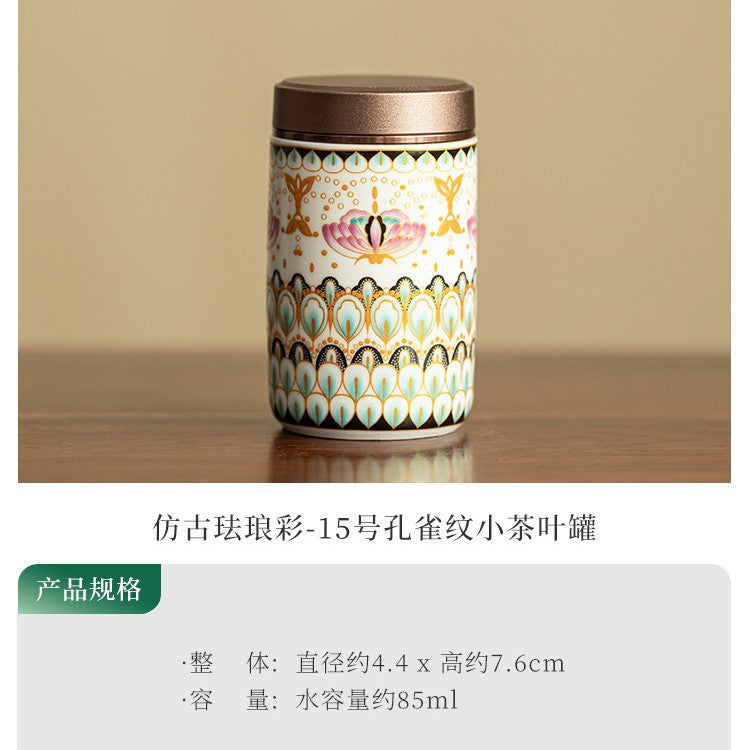 Authentic Jingdezhen Antique Enamel Peacock Motif Portable Ceramic Tea Caddy - 80g Airtight Ceramic Tea Caddy Storage Jar
