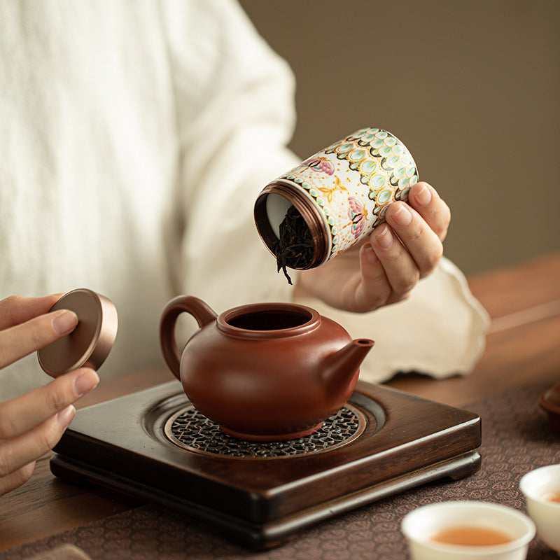 Authentic Jingdezhen Antique Enamel Peacock Motif Portable Ceramic Tea Caddy - 80g Airtight Ceramic Tea Caddy Storage Jar