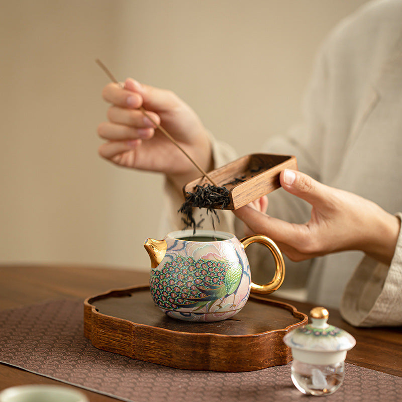 Imperial Enamel Peacock Dragon Egg Porcelain Teapot & Cup Set - 3Piece Gongfu Tea Set with Gift Box