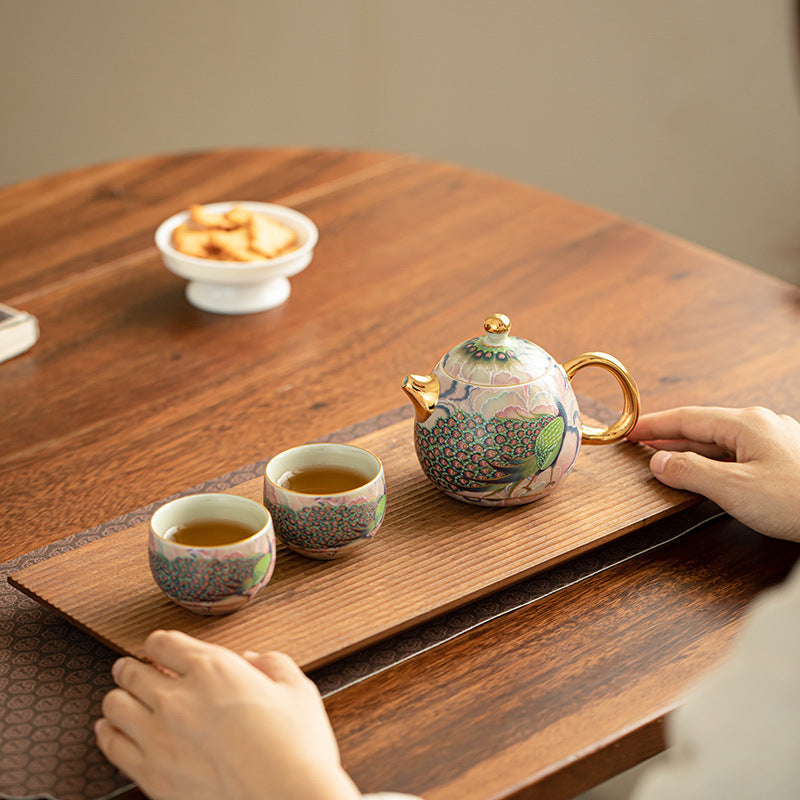 Imperial Enamel Peacock Dragon Egg Porcelain Teapot & Cup Set - 3Piece Gongfu Tea Set with Gift Box