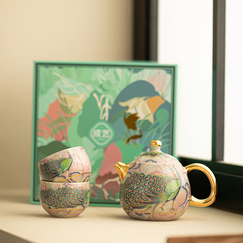 Imperial Enamel Peacock Dragon Egg Porcelain Teapot & Cup Set - 3Piece Gongfu Tea Set with Gift Box