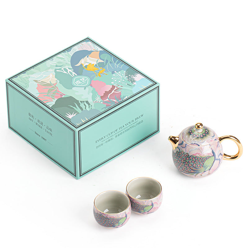 Imperial Enamel Peacock Dragon Egg Porcelain Teapot & Cup Set - 3Piece Gongfu Tea Set with Gift Box