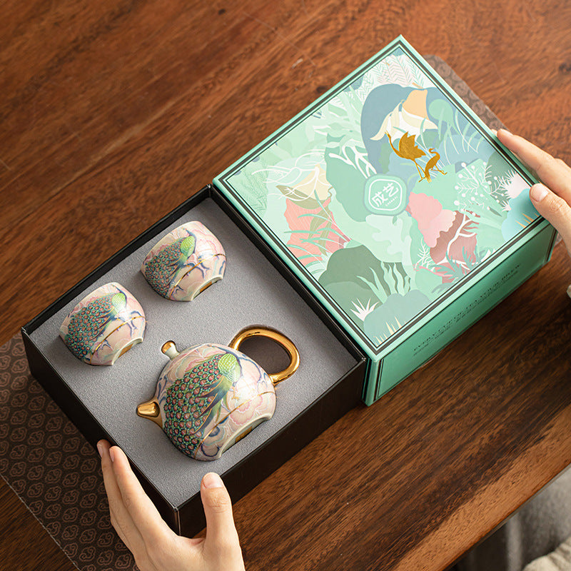 Imperial Enamel Peacock Dragon Egg Porcelain Teapot & Cup Set - 3Piece Gongfu Tea Set with Gift Box