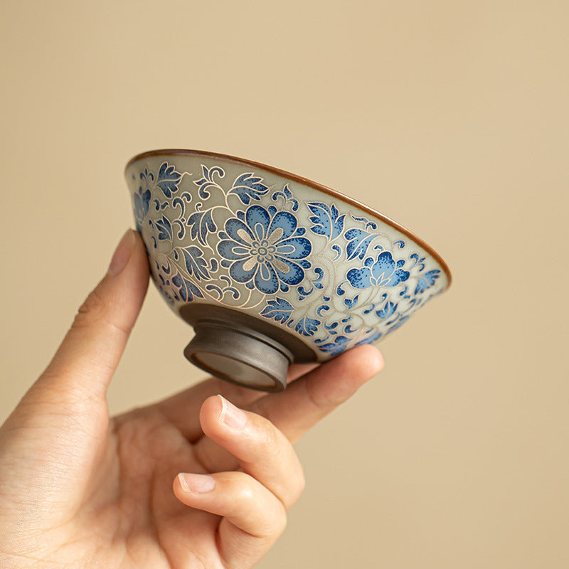 Authentic Jingdezhen Antique Blue & White Pure Silver-Inlaid Lotus Scroll Master Tasting Cup - 85ml Gongfu Teacup
