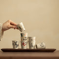 Handcrafted Rustic Coarse Stoneware Bird & Blossom Tasting Cup Set (Set of 8) - 60ml Gongfu Teacup Set with Gift Box