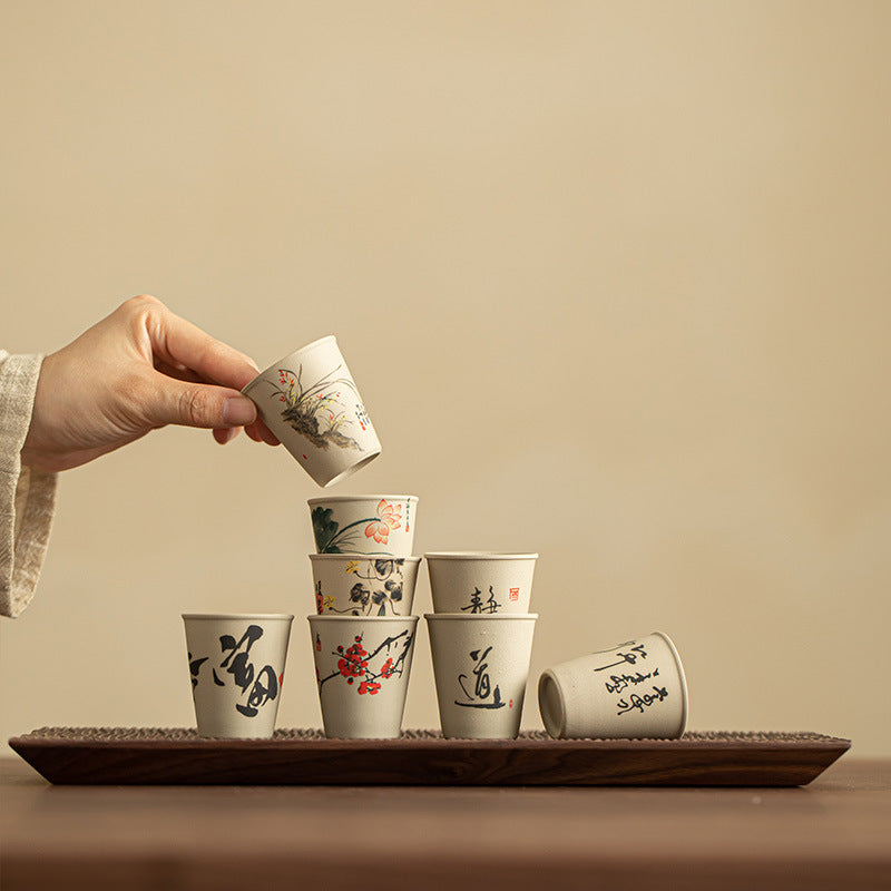 Handcrafted Rustic Coarse Stoneware Bird & Blossom Tasting Cup Set (Set of 8) - 60ml Gongfu Teacup Set with Gift Box