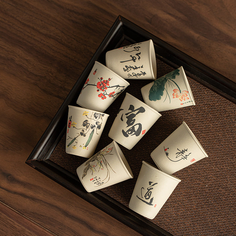 Handcrafted Rustic Coarse Stoneware Bird & Blossom Tasting Cup Set (Set of 8) - 60ml Gongfu Teacup Set with Gift Box