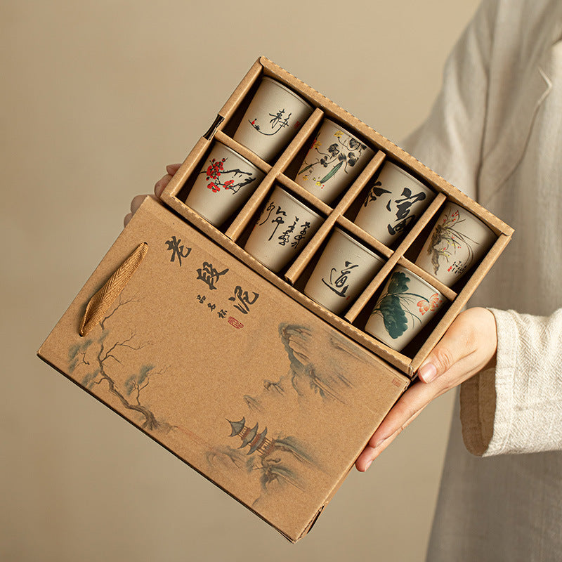 Handcrafted Rustic Coarse Stoneware Bird & Blossom Tasting Cup Set (Set of 8) - 60ml Gongfu Teacup Set with Gift Box