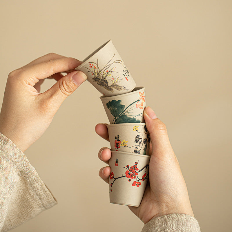 Handcrafted Rustic Coarse Stoneware Bird & Blossom Tasting Cup Set (Set of 8) - 60ml Gongfu Teacup Set with Gift Box