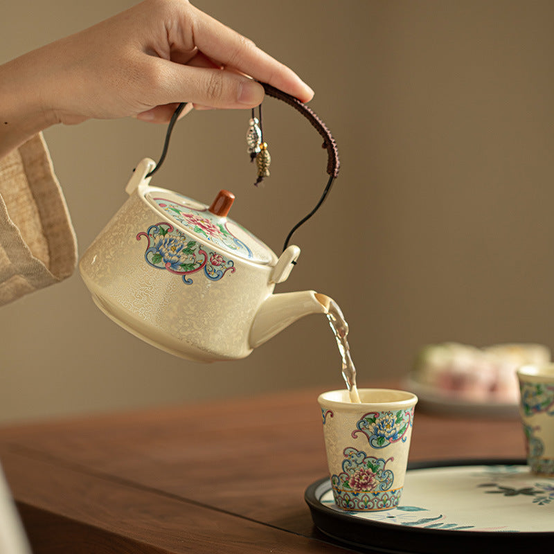 Imperial Enamel Peony Overhead-Handle Teapot & Dry-Brewing Tray Set - 6-Piece Gongfu Tea Set with Gift Box