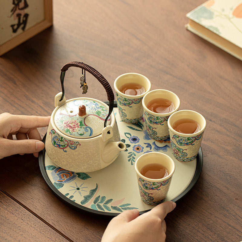 Imperial Enamel Peony Overhead-Handle Teapot & Dry-Brewing Tray Set - 6-Piece Gongfu Tea Set with Gift Box