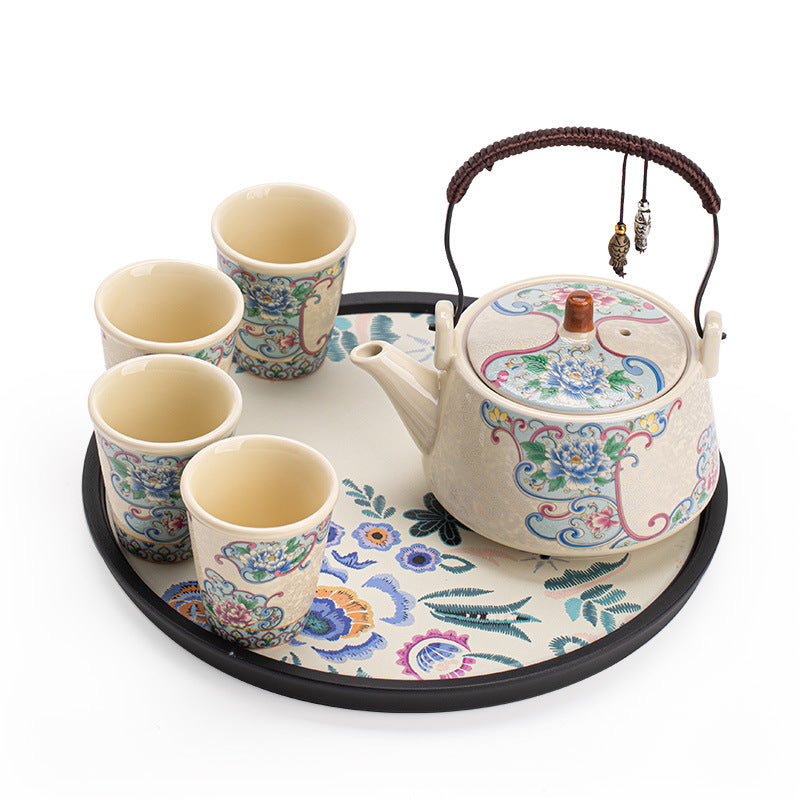 Imperial Enamel Peony Overhead-Handle Teapot & Dry-Brewing Tray Set - 6-Piece Gongfu Tea Set with Gift Box