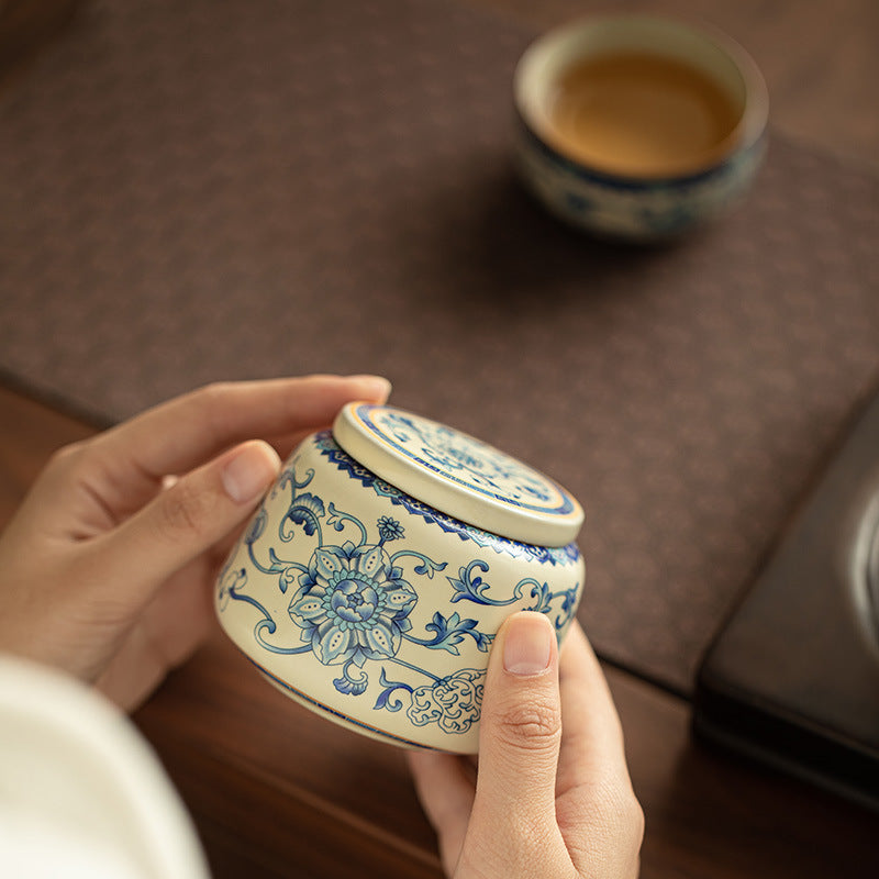 Authentic Jingdezhen Ru Ware Celadon & Blue-and-White Lotus Scroll Tea Caddy - 150g Airtight Ceramic Tea Caddy Storage Jar
