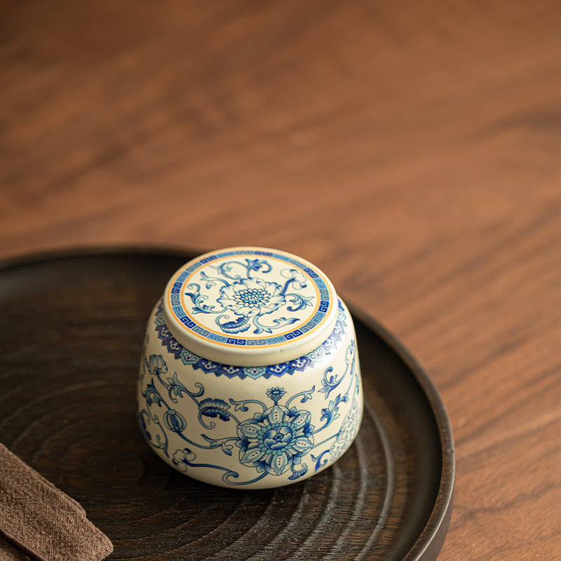 Authentic Jingdezhen Ru Ware Celadon & Blue-and-White Lotus Scroll Tea Caddy - 150g Airtight Ceramic Tea Caddy Storage Jar