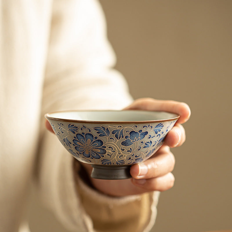 Authentic Jingdezhen Antique Blue & White Pure Silver-Inlaid Lotus Scroll Master Tasting Cup - 85ml Gongfu Teacup