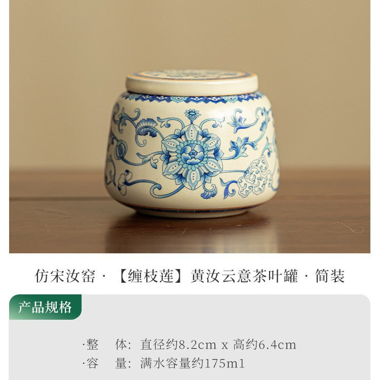 Authentic Jingdezhen Ru Ware Celadon & Blue-and-White Lotus Scroll Tea Caddy - 150g Airtight Ceramic Tea Caddy Storage Jar